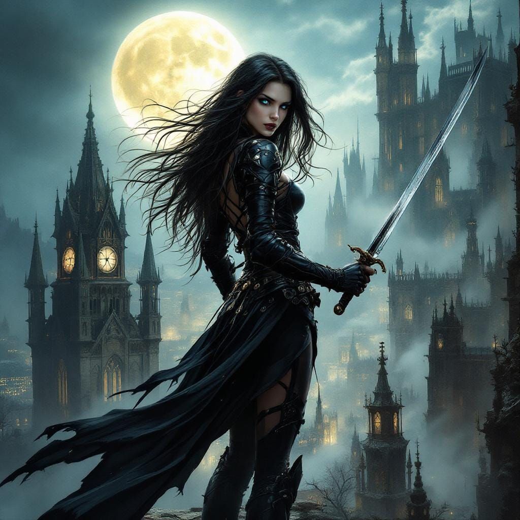 Gothic Warrior on Cathedral in Dark Fantasy Style