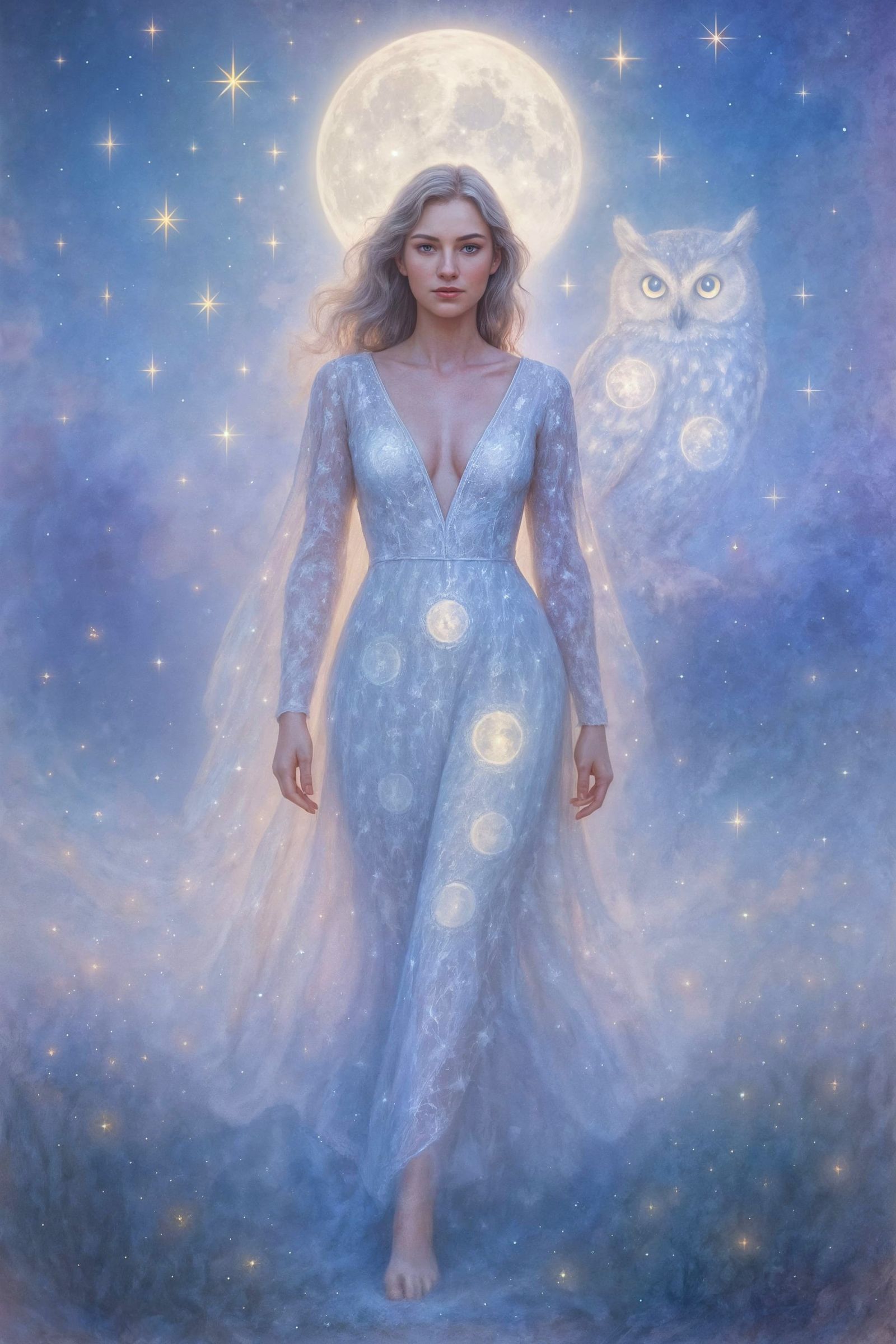 Ethereal Woman in Platinum Dress with Moonlit Owl