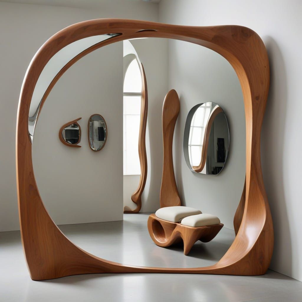 Organic Teak Wood Mirror Frame with Architectural Accents