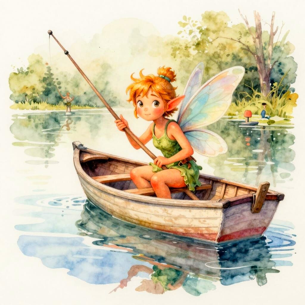 Tiny Fairy Fishing Reflections on a Boat in Watercolour Styl...