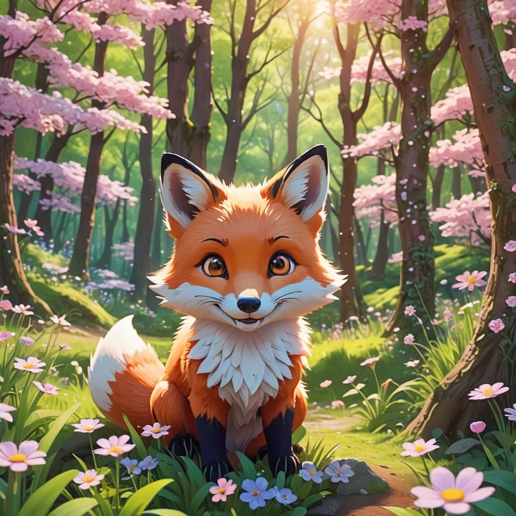 Kawaii Fox Smiling in Spring Forest: Anime Style