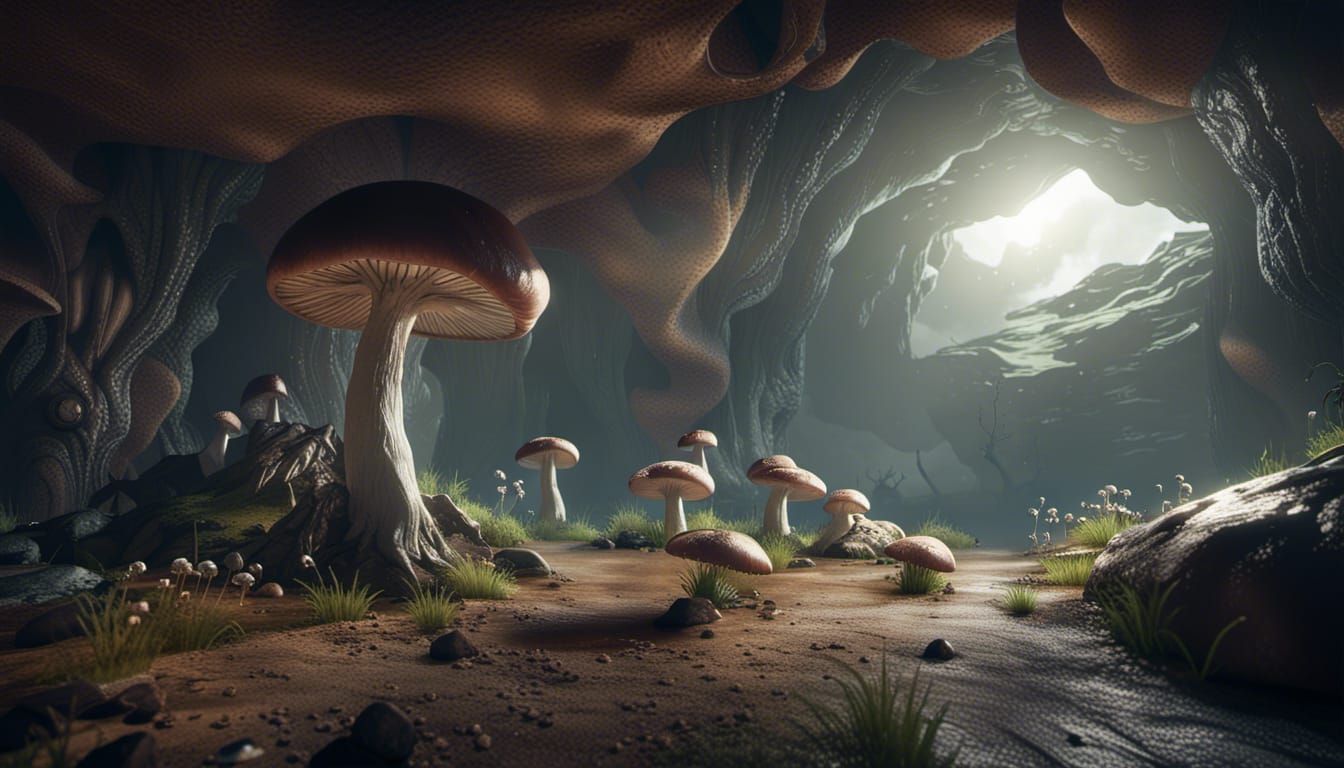 Mushroom Infested Alien Cave in 3D Rendering