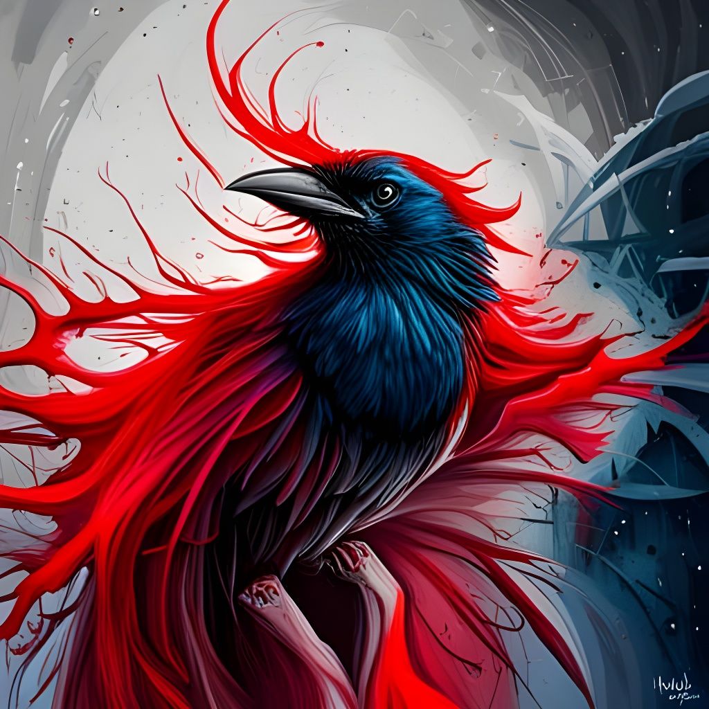 Red Feathered Crow in Graffiti Art Style