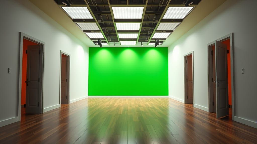Surreal Television Studio Hallway in Deep Green and White