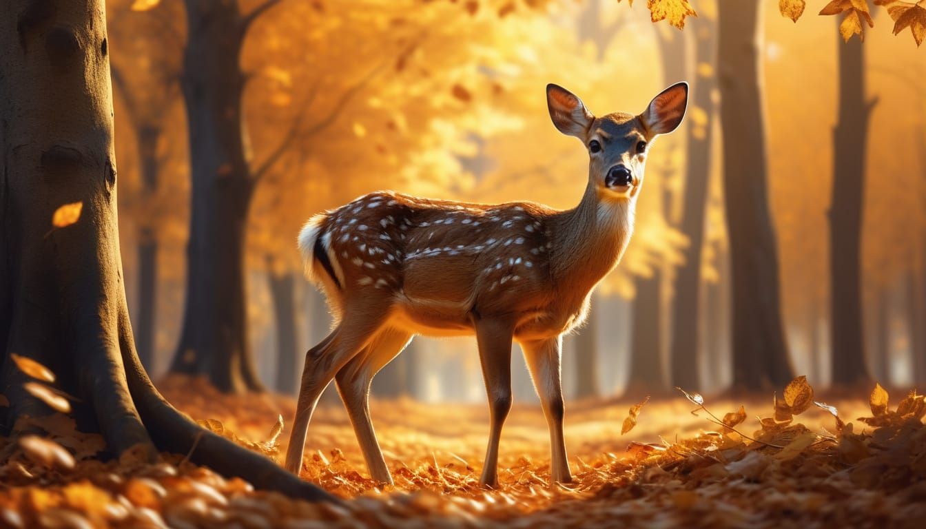 Whimsical Baby Deer in Sunlit Autumn Forest