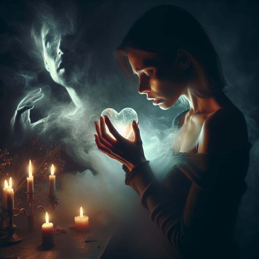 Sorrowful Woman Clasping Spectral Heart in Somber Scene