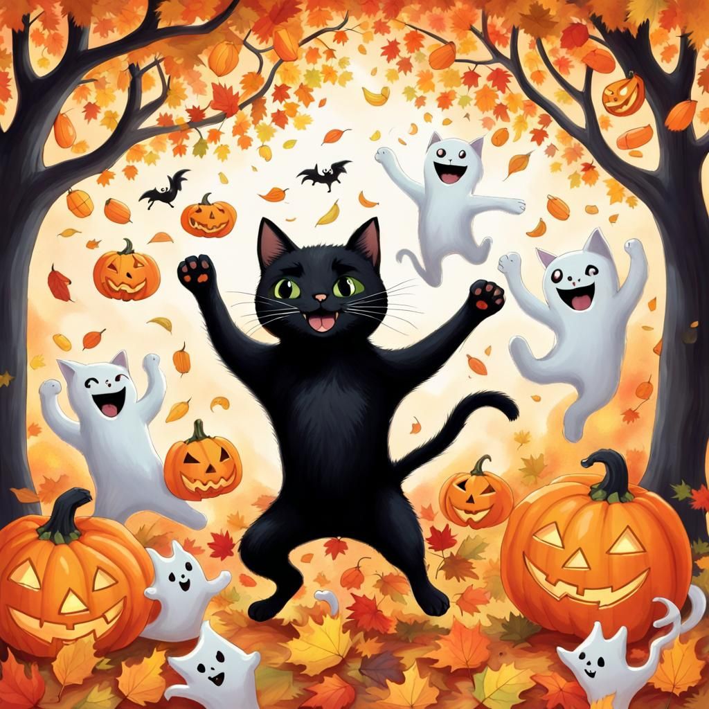 Black Cat Dancing with Ghosts in Autumn Setting