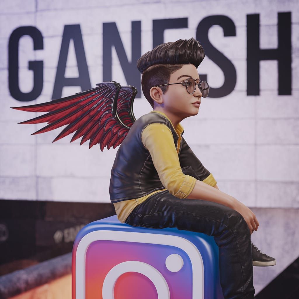 Young Man Posing with Wings on Social Media Logo in Cyberpun...