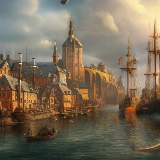 Medieval Hanseatic Harbor Cityscape, Oil Painting Style