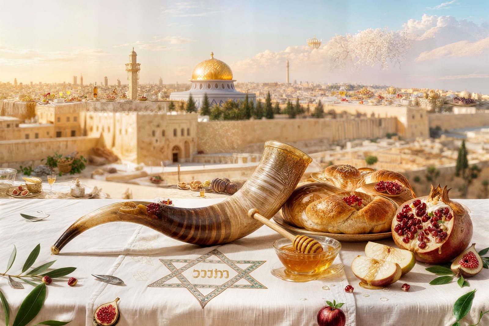 Rosh HaShanah Sunrise Scene with Shofar and Challah