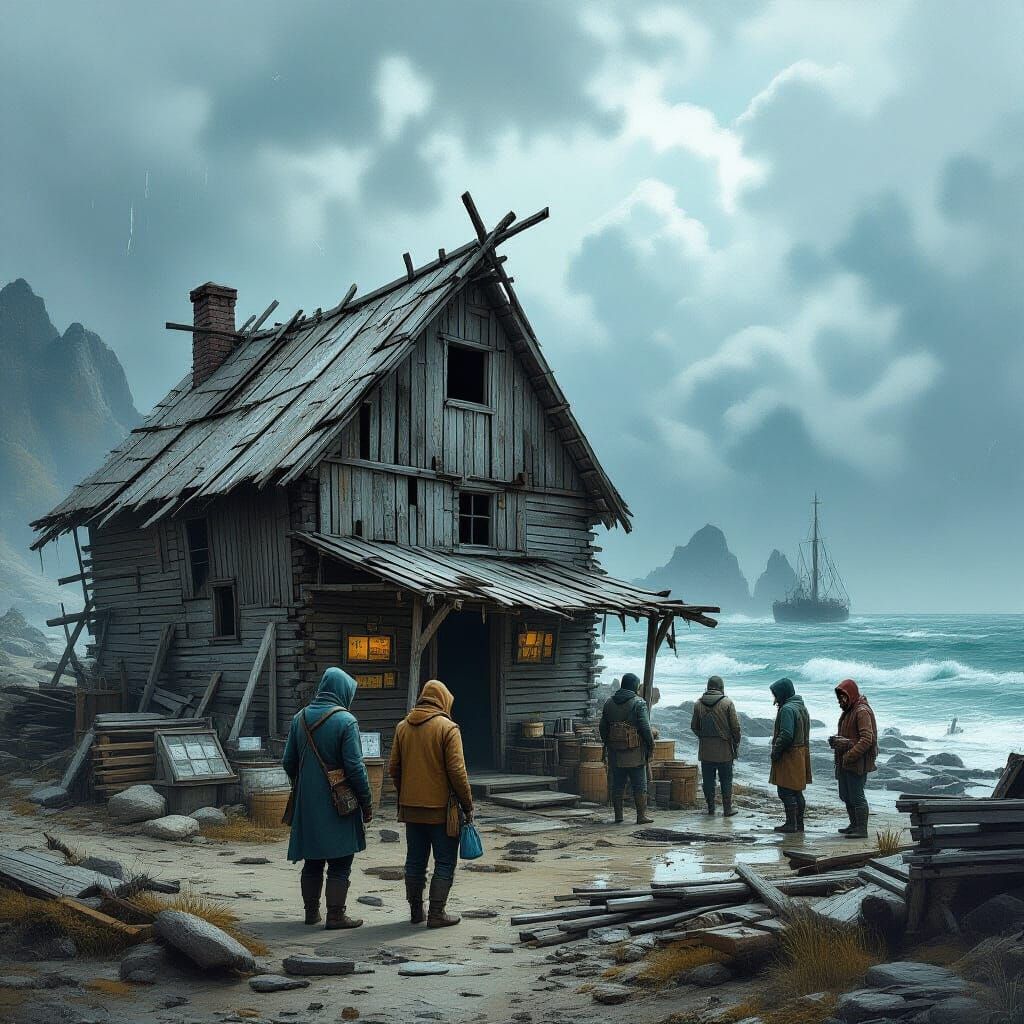 Weathered Driftwood Shanty Village on Rocky Shore