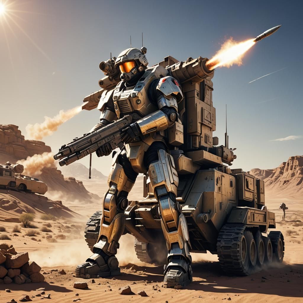 Soldier with Missile Launcher in Desert Sunlight