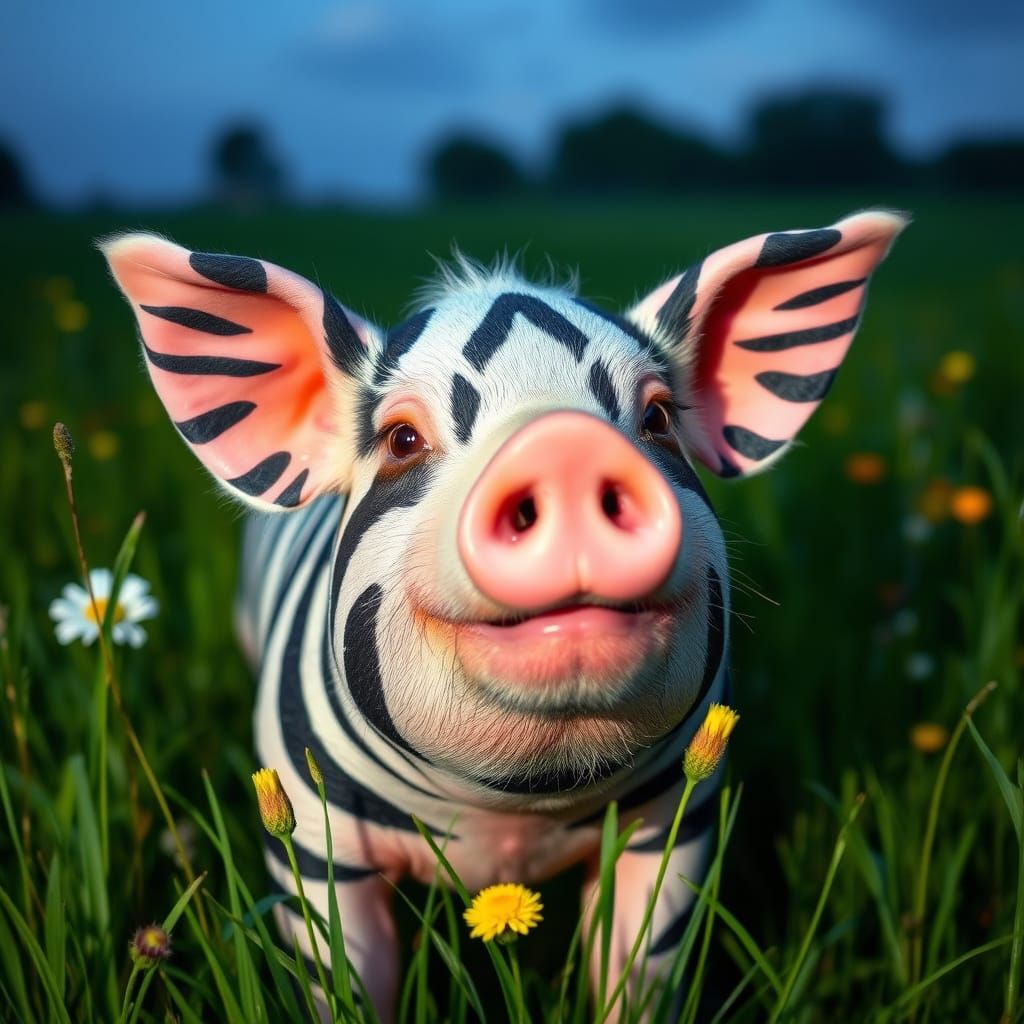 Pig with Zebra Stripes in Lush Meadow
