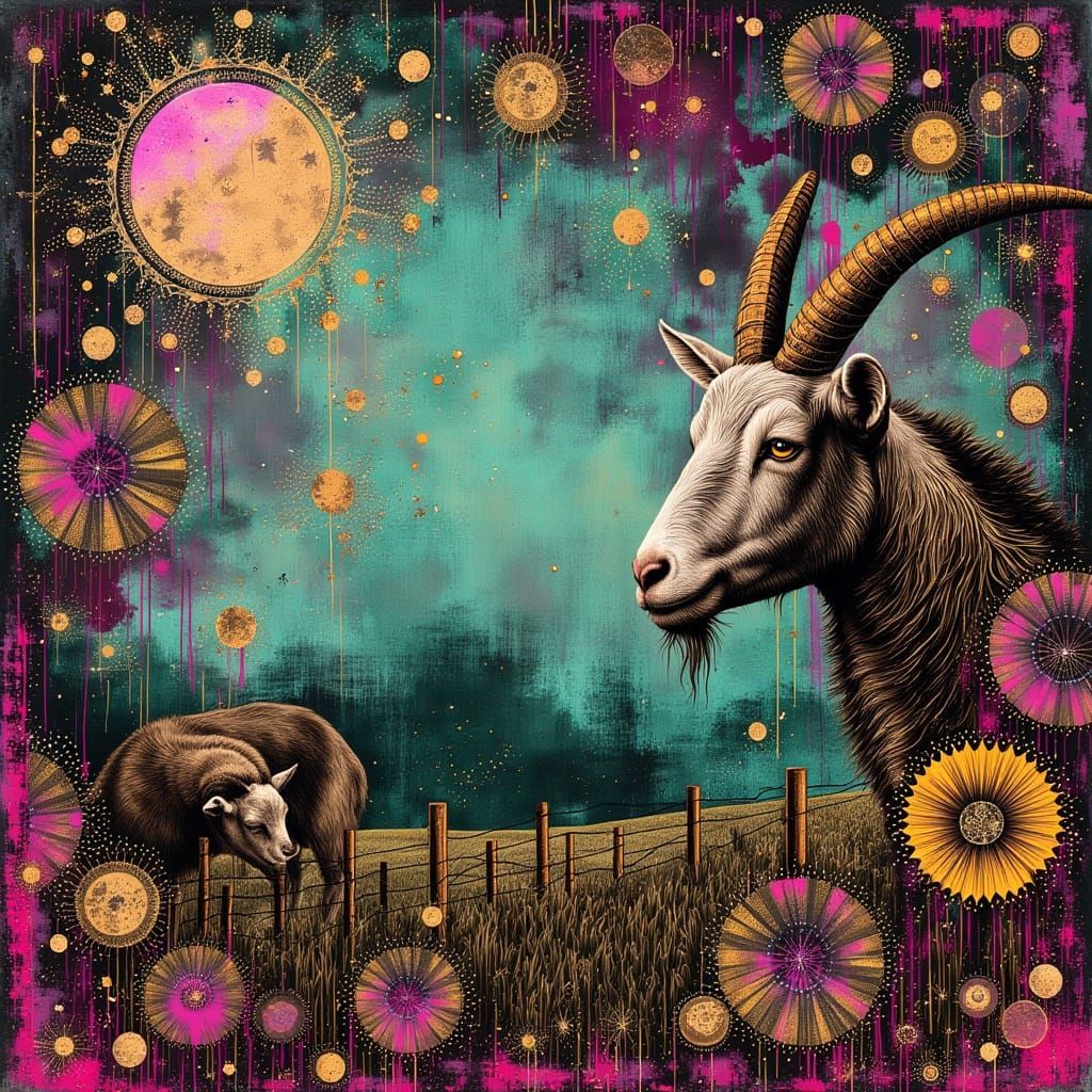 Surreal Goat Landscape in Whimsical Digital Art