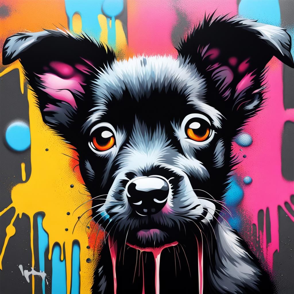 Colorful Graffiti Art of a Black Puppy