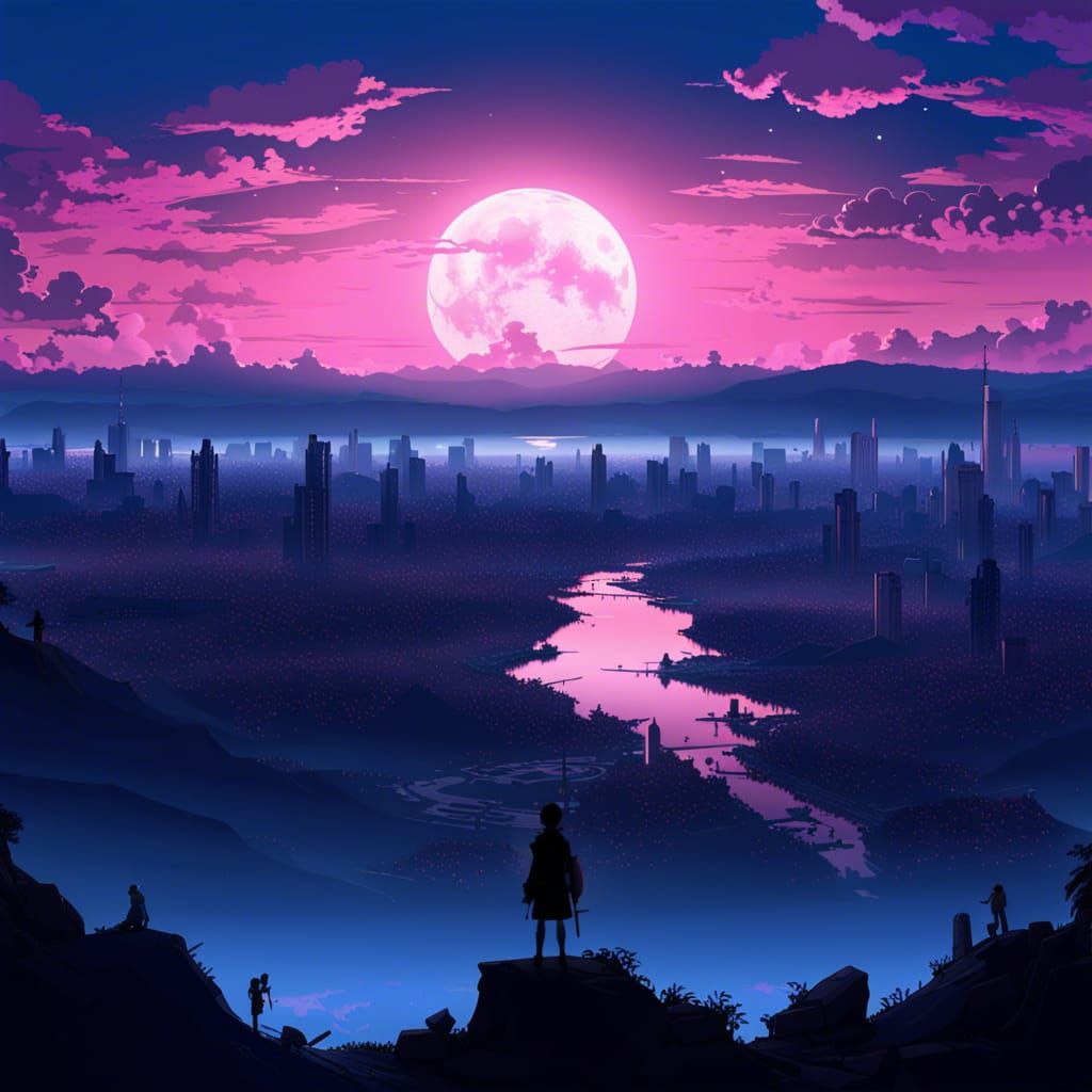 Cityscape Silhouette in Anime Style with Full Moon