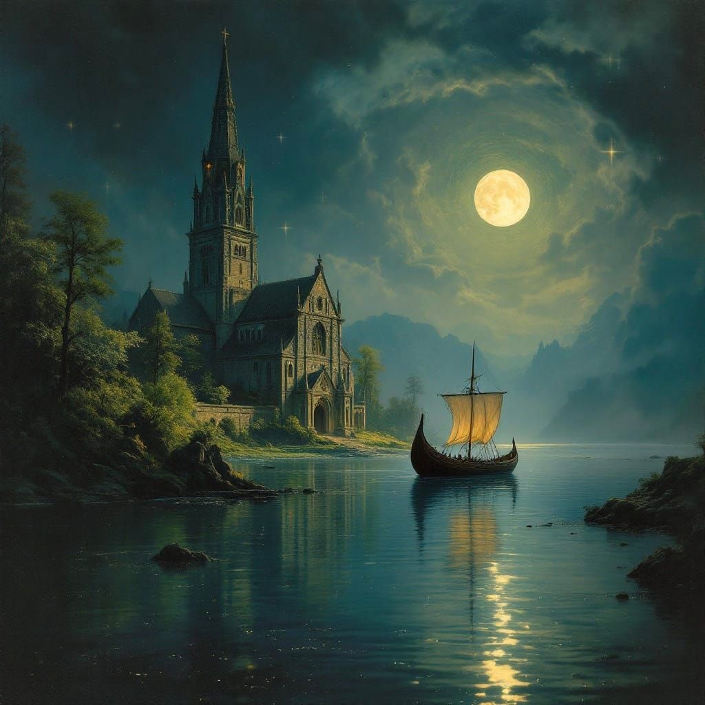 Viking Longship Under Full Moonlight