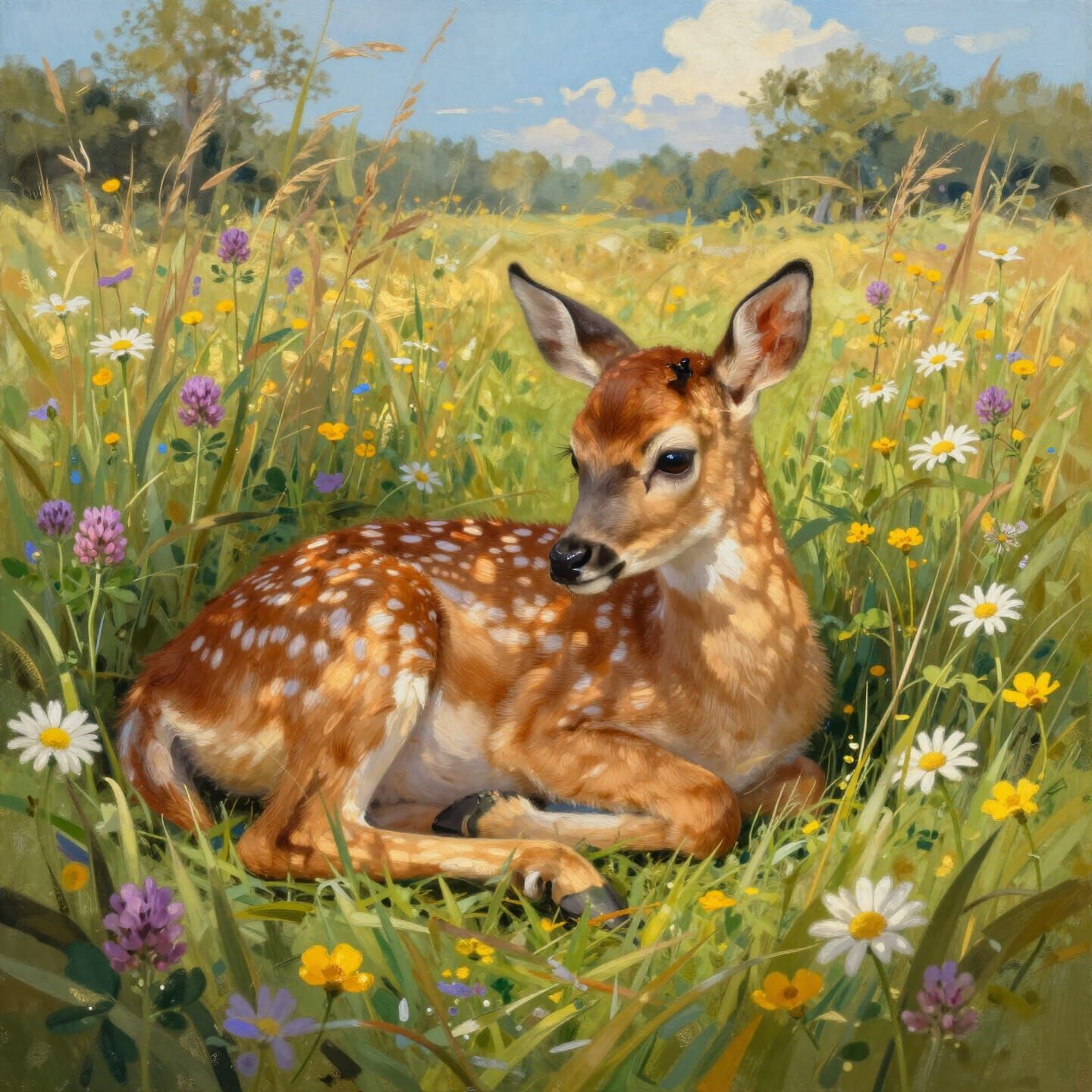 Soft Acrylic Painting of Fawn in Golden Meadow Light