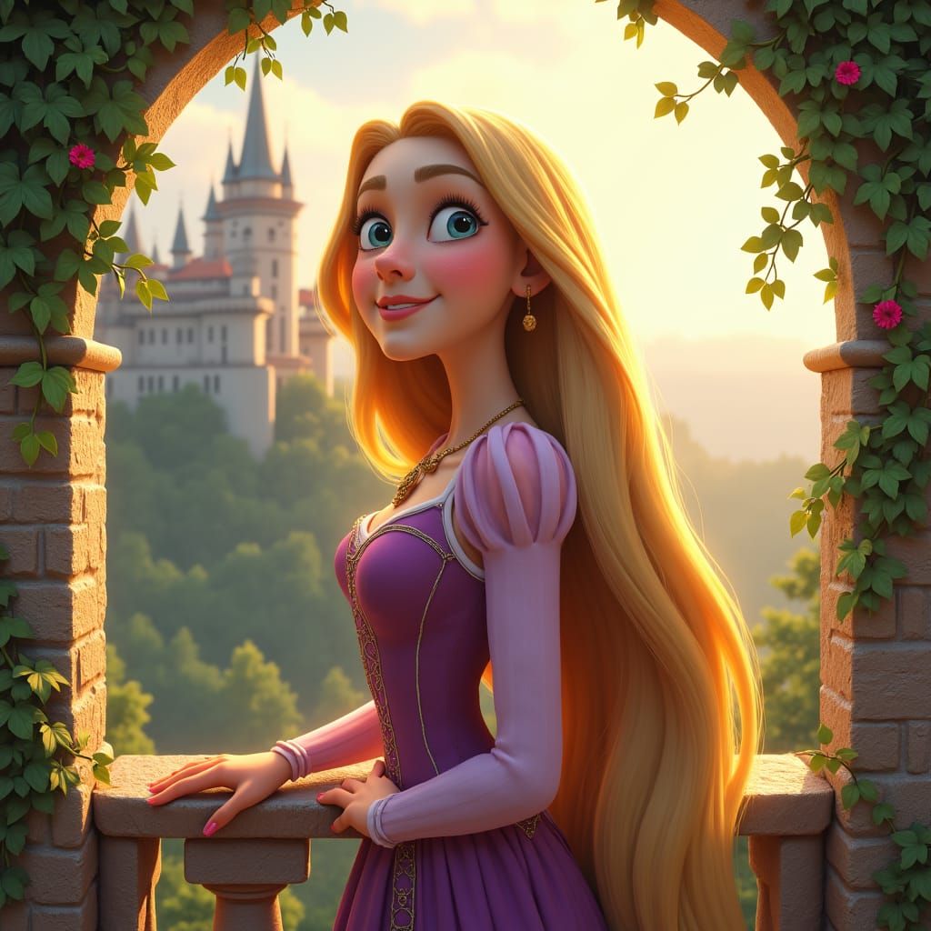 Rapunzel's Fairytale Balcony in Matte Painting Style
