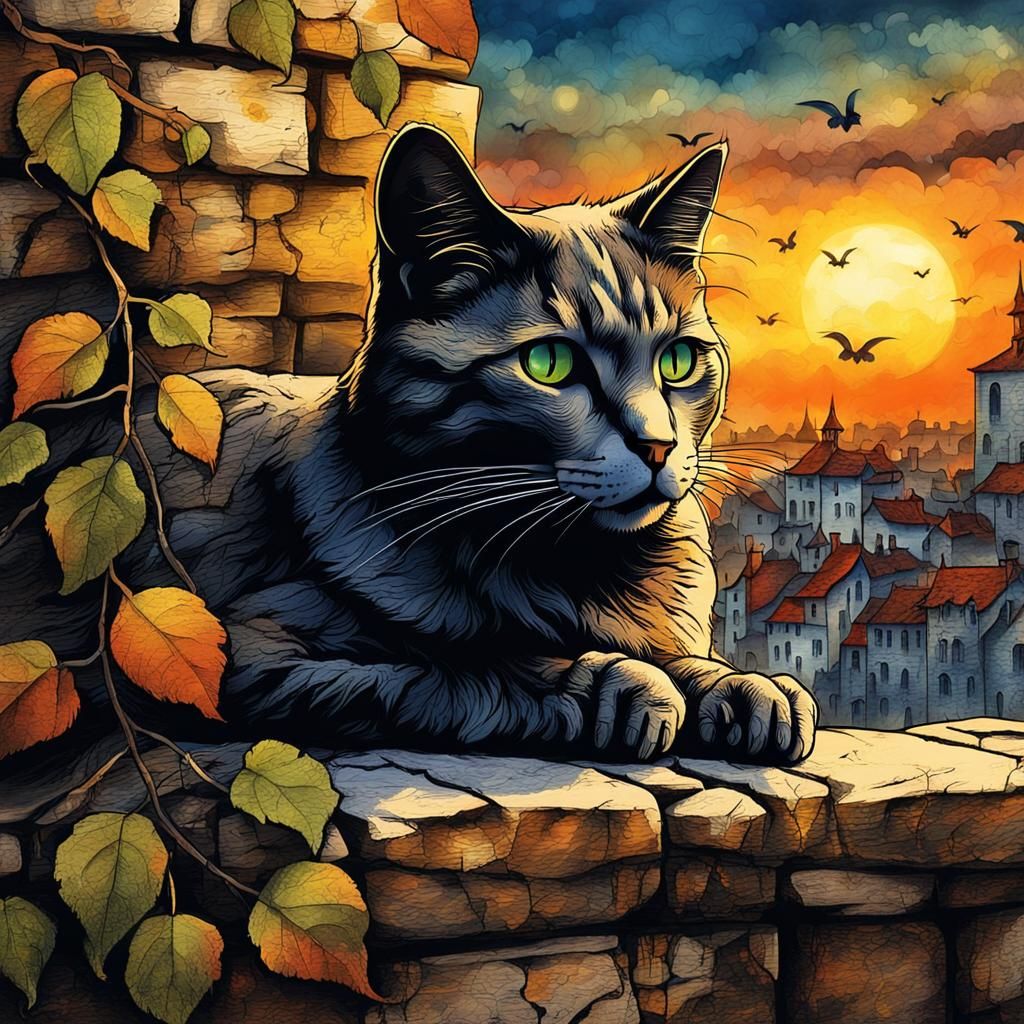 Cat Watching Sunset on Stone Wall in Ink Painting Style