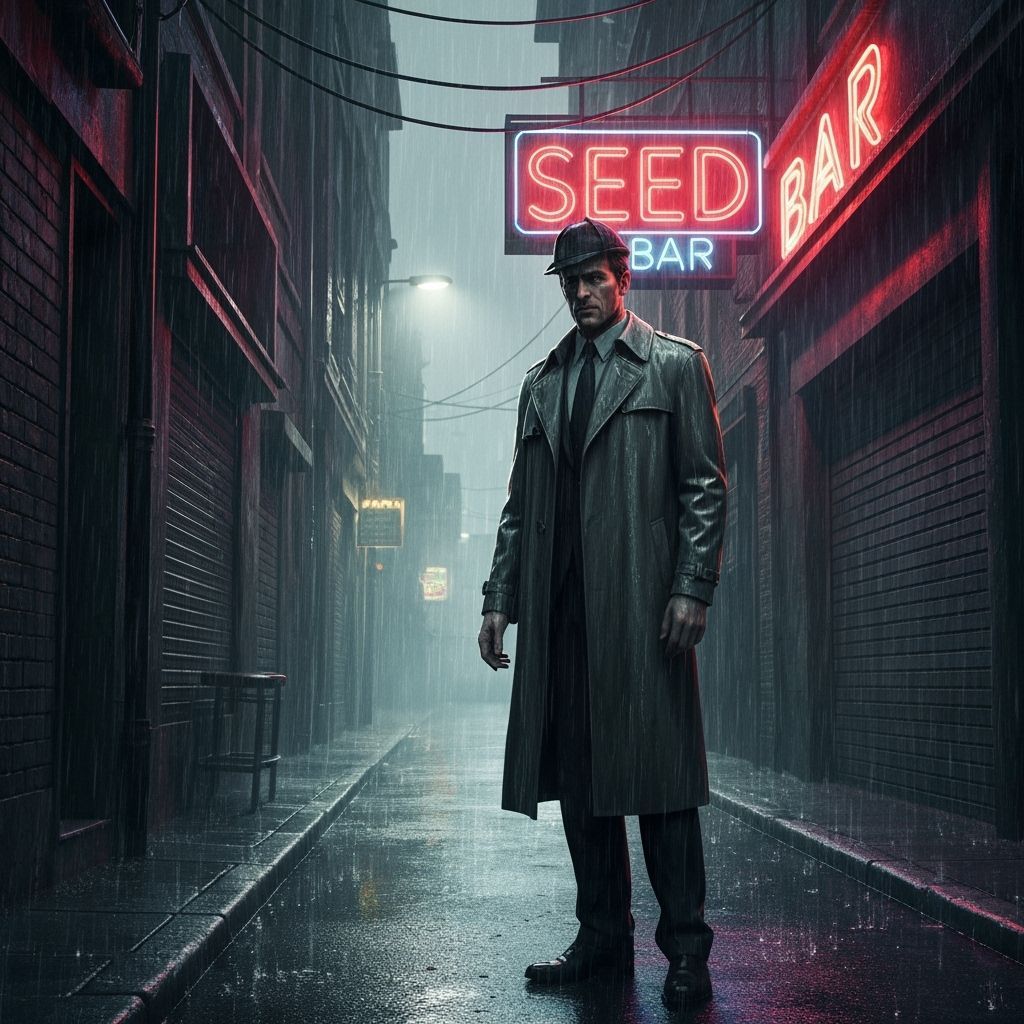 Film Noir Detective in Rainy Alleyway