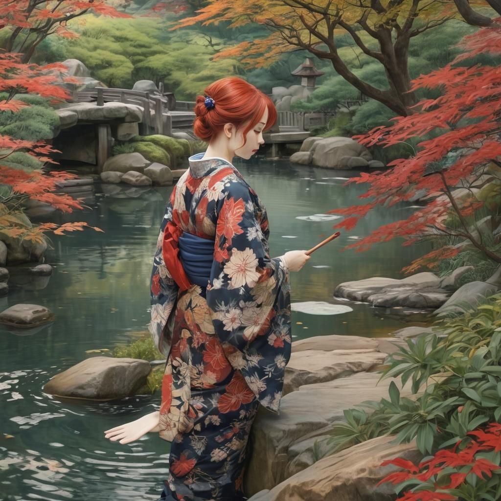 Akane in Japanese Garden Woodblock Print