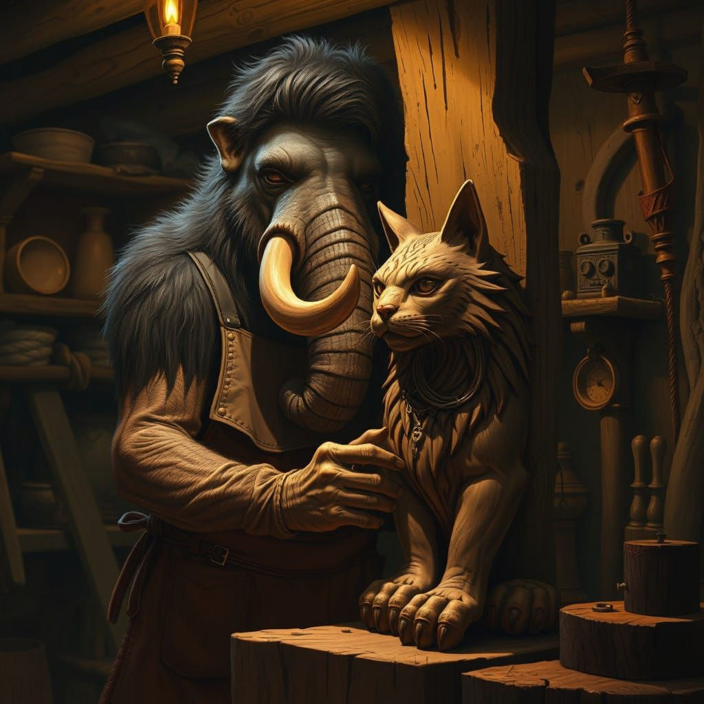 Mammoth Woodworker Carving Statue in Workshop