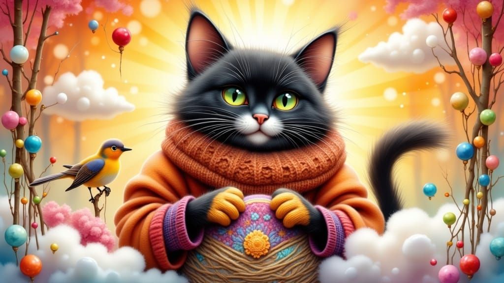 Kitty makes a new sweater.