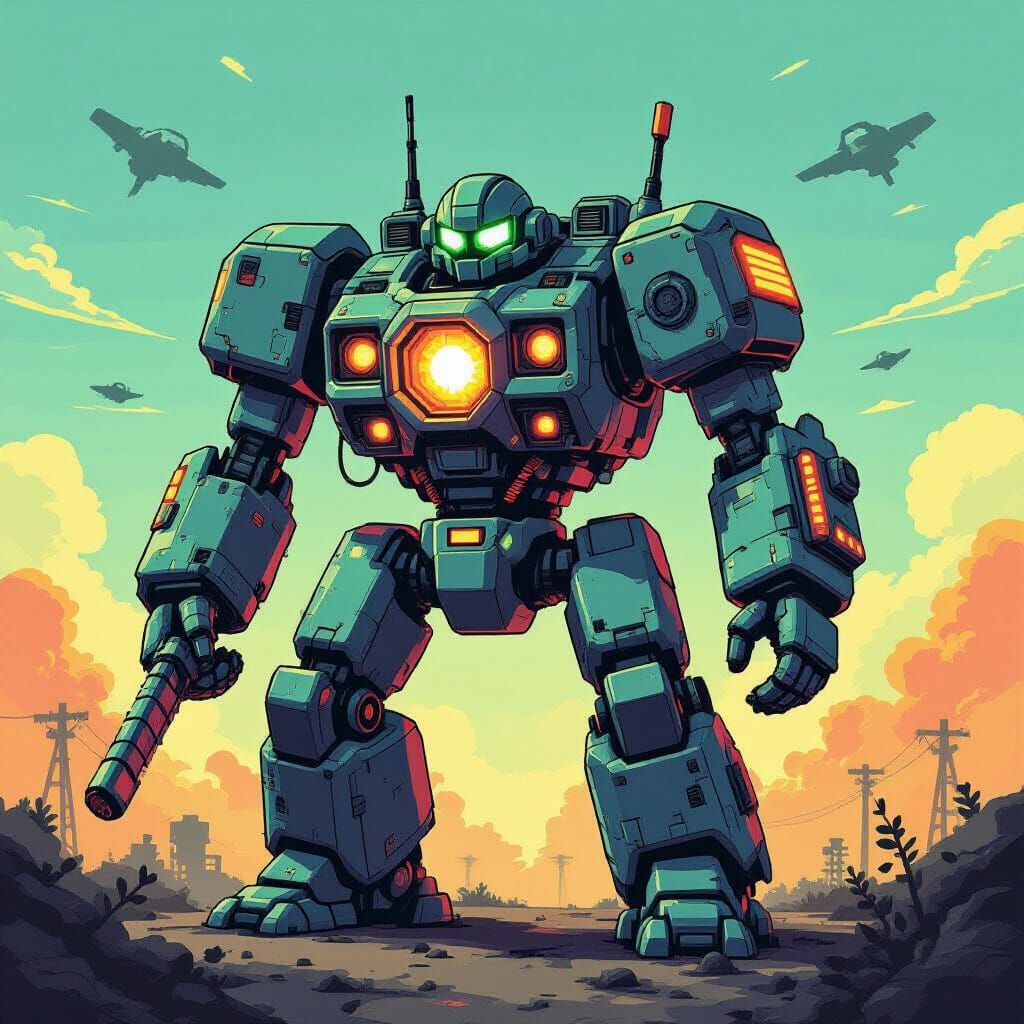 Retro Pixel Art Combat Robot in Atomic Era Style