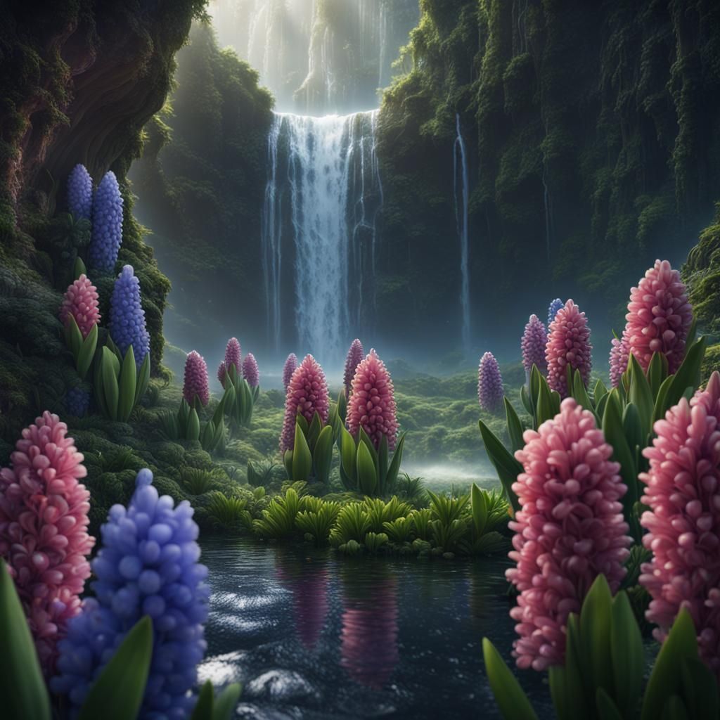Hyacinths with Dew Drops Under Waterfall: Detailed Matte Pai...