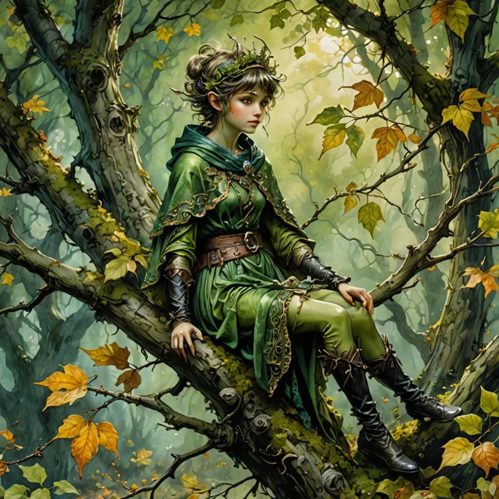 Green Pixie in Mythical Forest: Watercolor Illustration