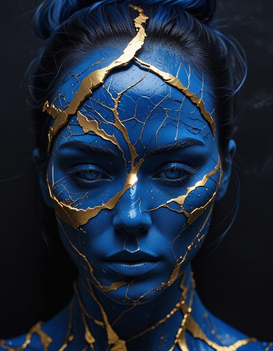Kintsugi Portrait in Surreal Blue Style