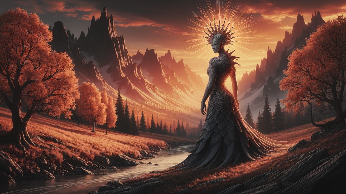 Dullahan in Ethereal Glow, Dramatic Mountain Landscape