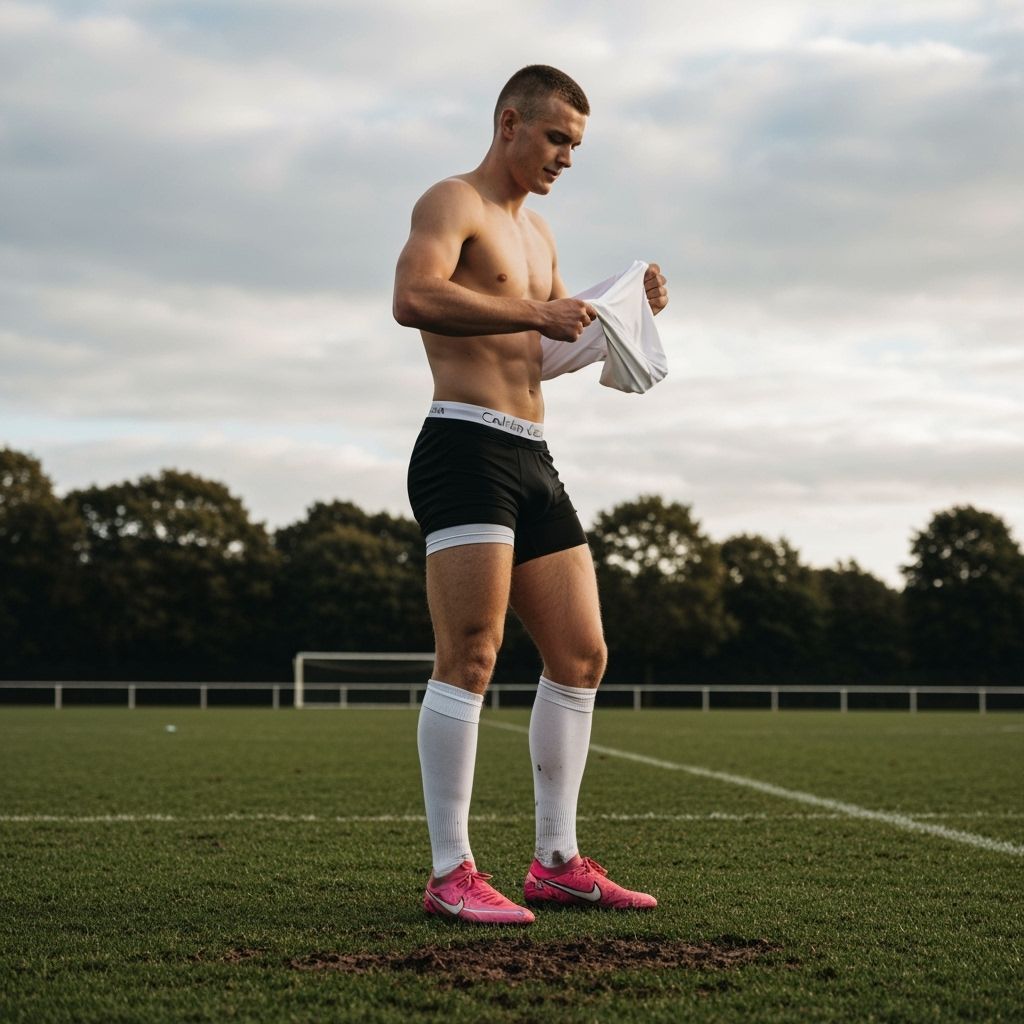 Athletic Man on Football Field Holding Jersey