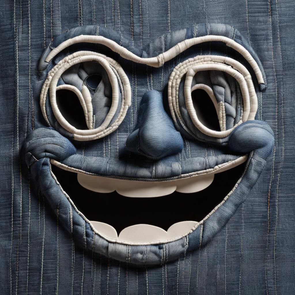 3d sculpture of Denim Happy laughing face , Denim Fabric art...