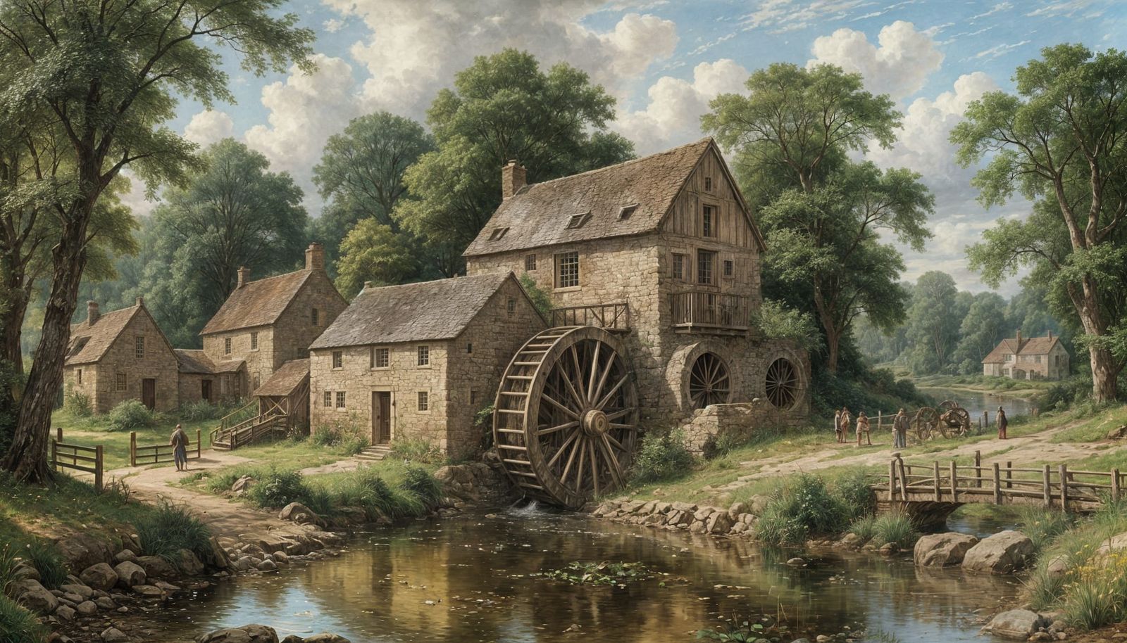 Waterwheel in a Quaint English Landscape Oil Painting