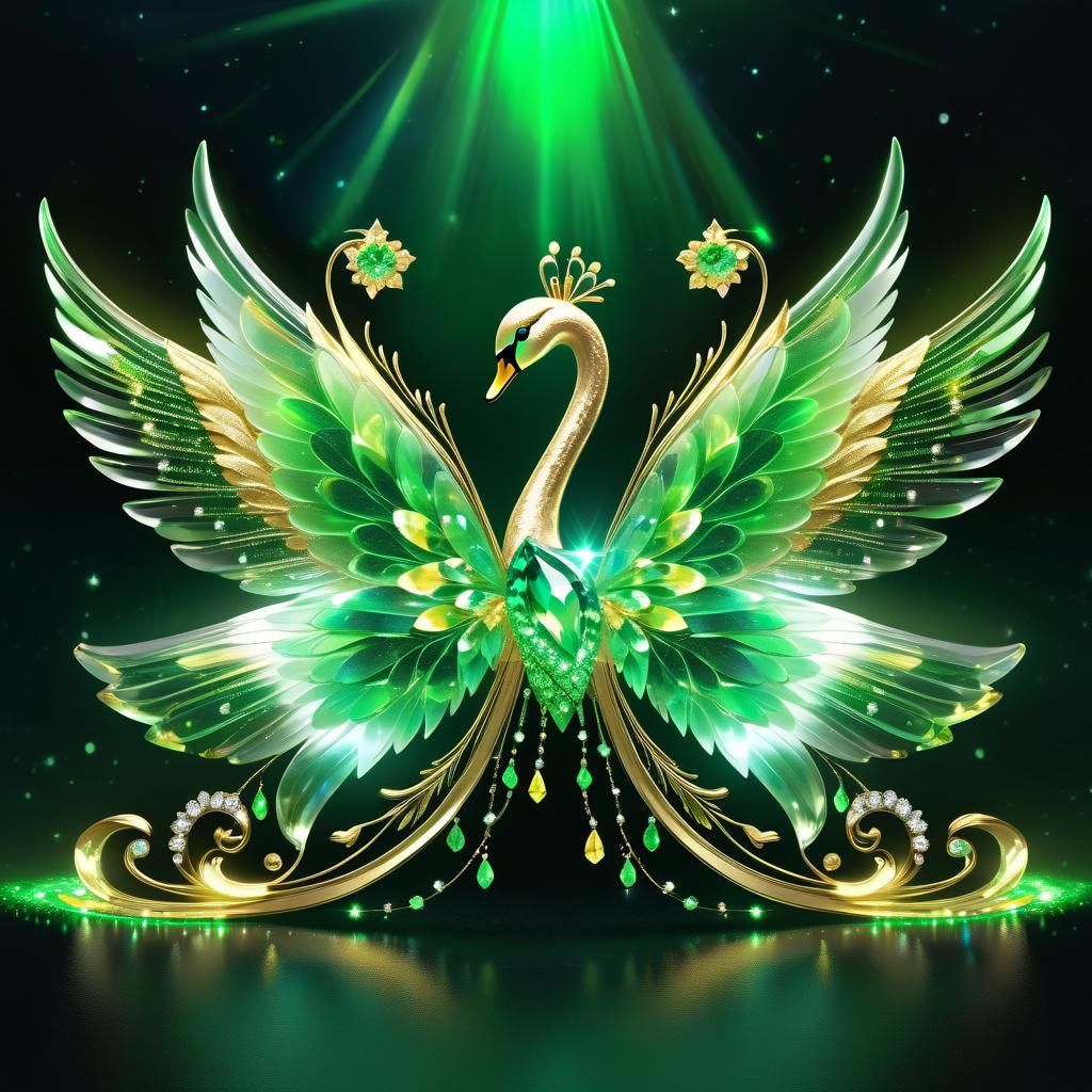 Transparent Green Swan with Gem Wings in 3D Fantasy