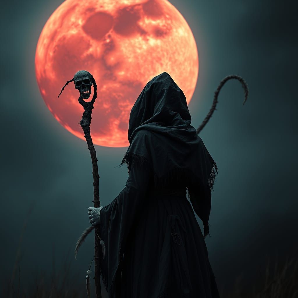 Surreal Witch Confronts Blood Moon in Dark Surrealist Style