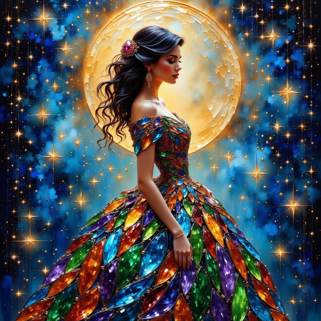 Stunning Woman in Diamond Jewelry and Stained Glass Gown und...