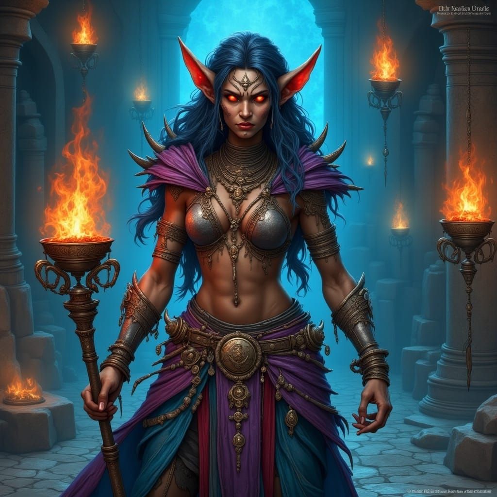 Dark Elf Priestess in Mystical Temple Illustration