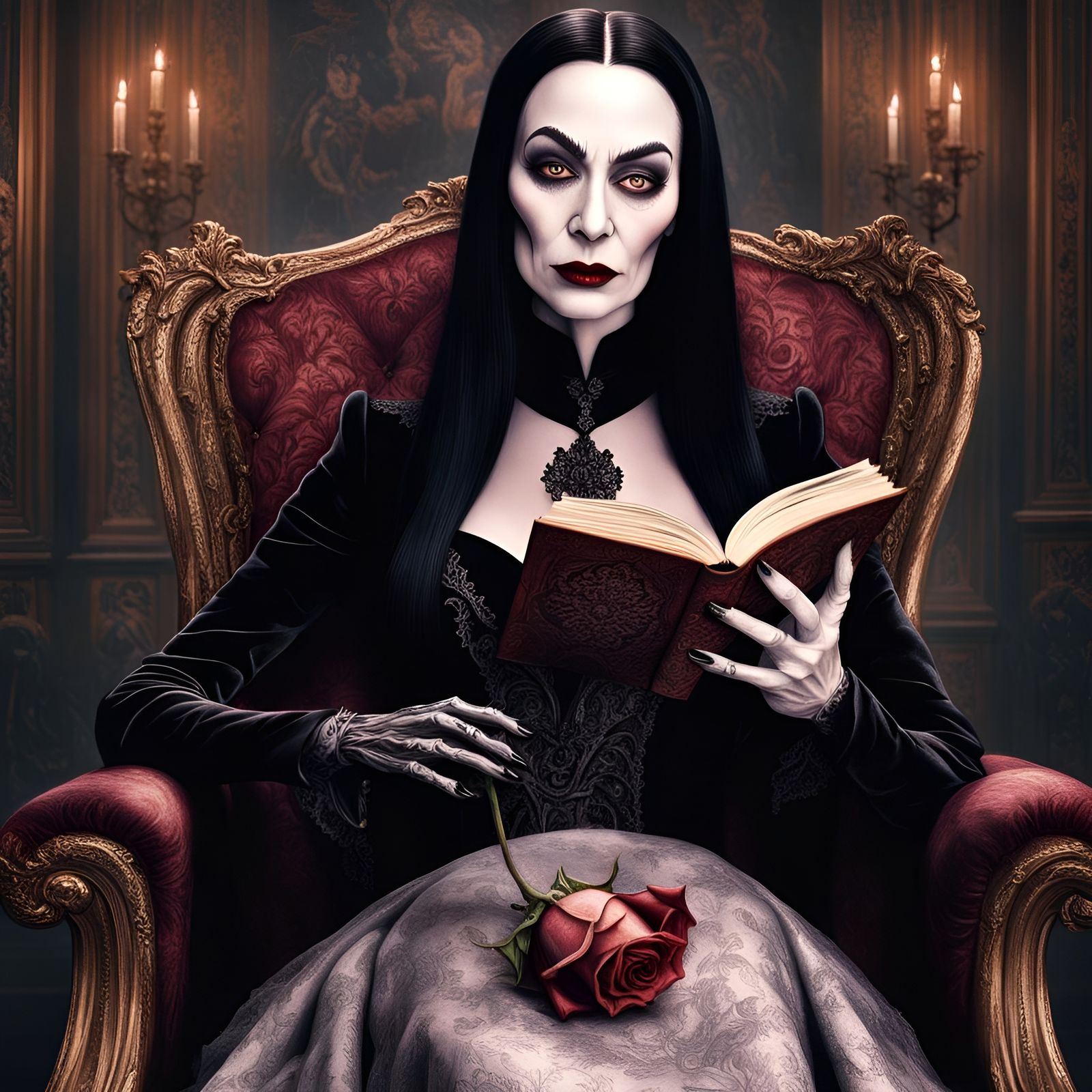 Morticia Addams Reading: A Baroque Gothic Portrait