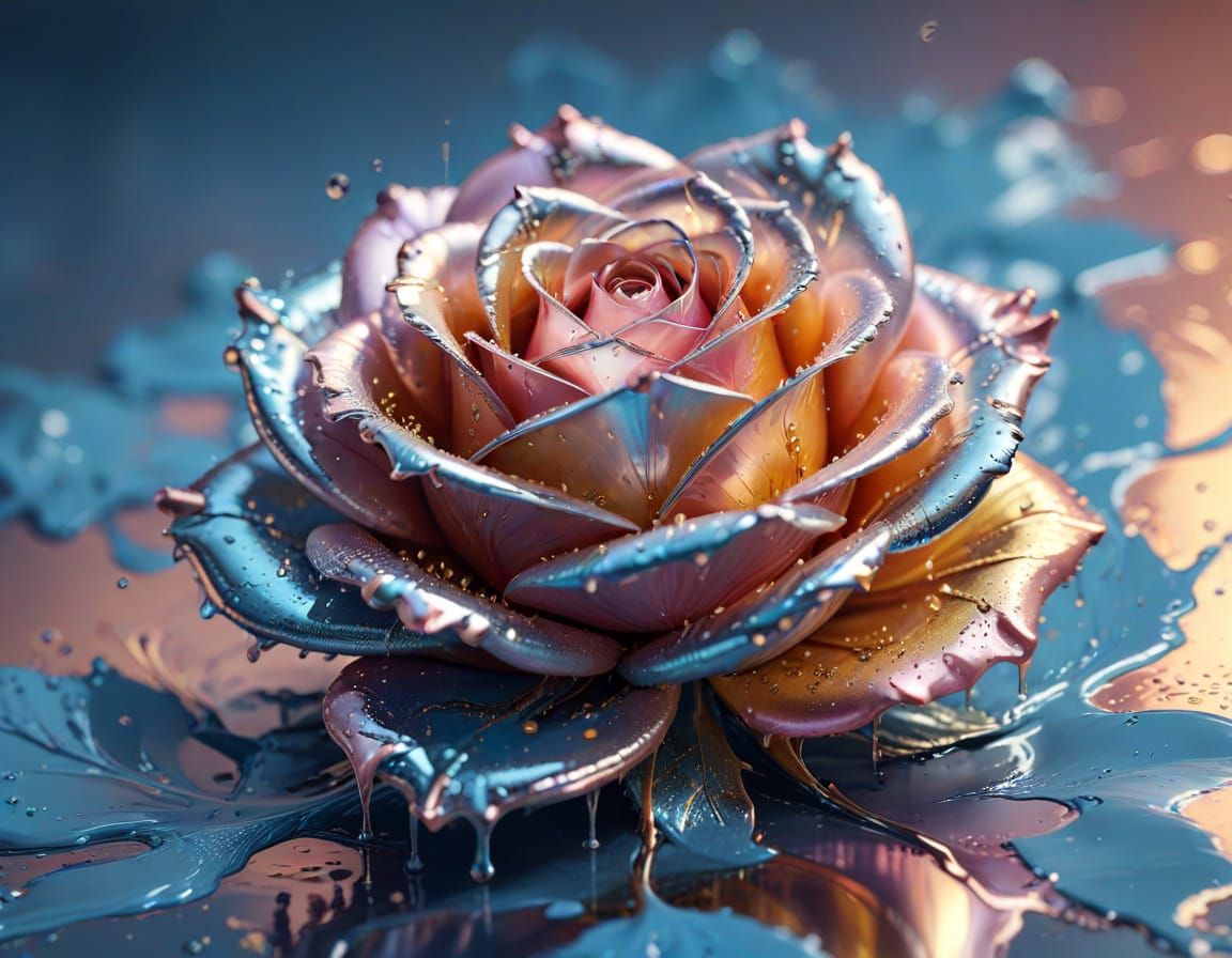 Liquid Chrome Rose Splash Art in Pastel Hues