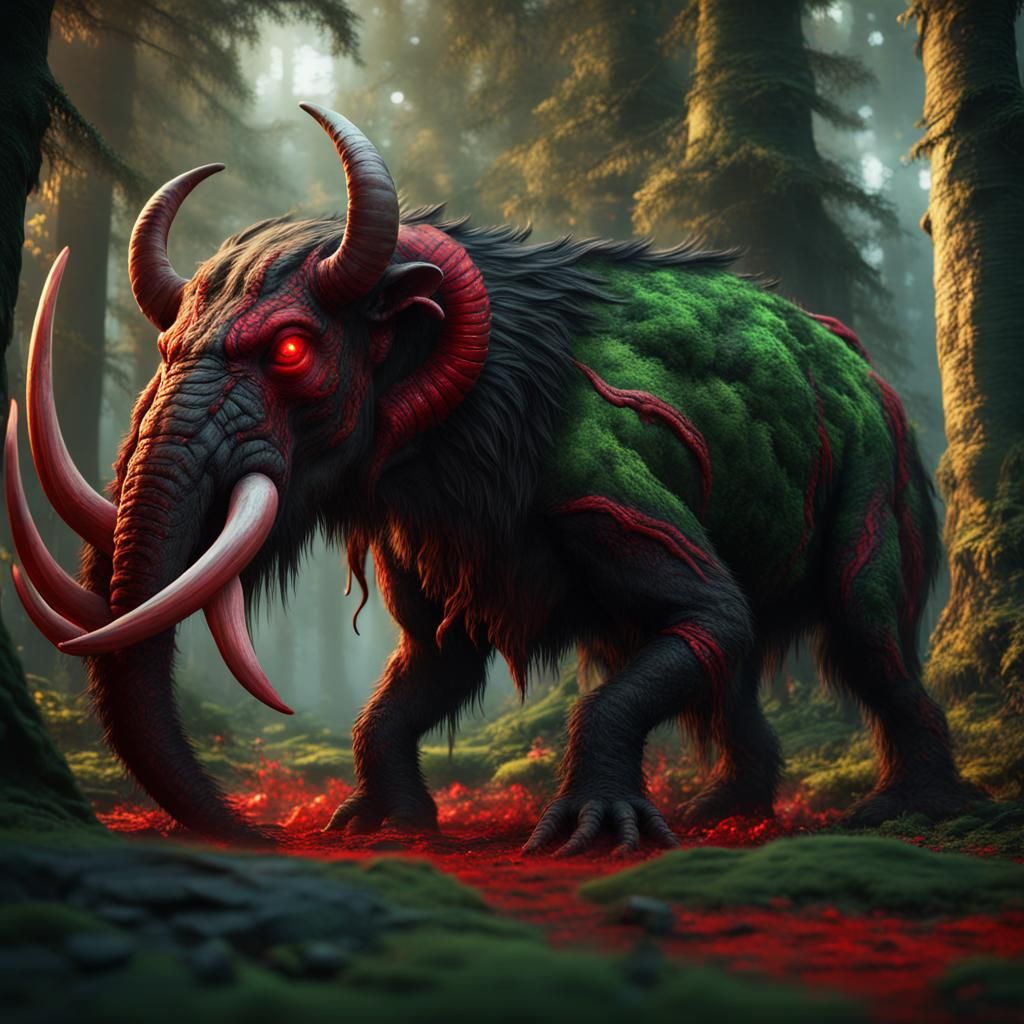 Tusked Creatures in a Detailed Forest Painting