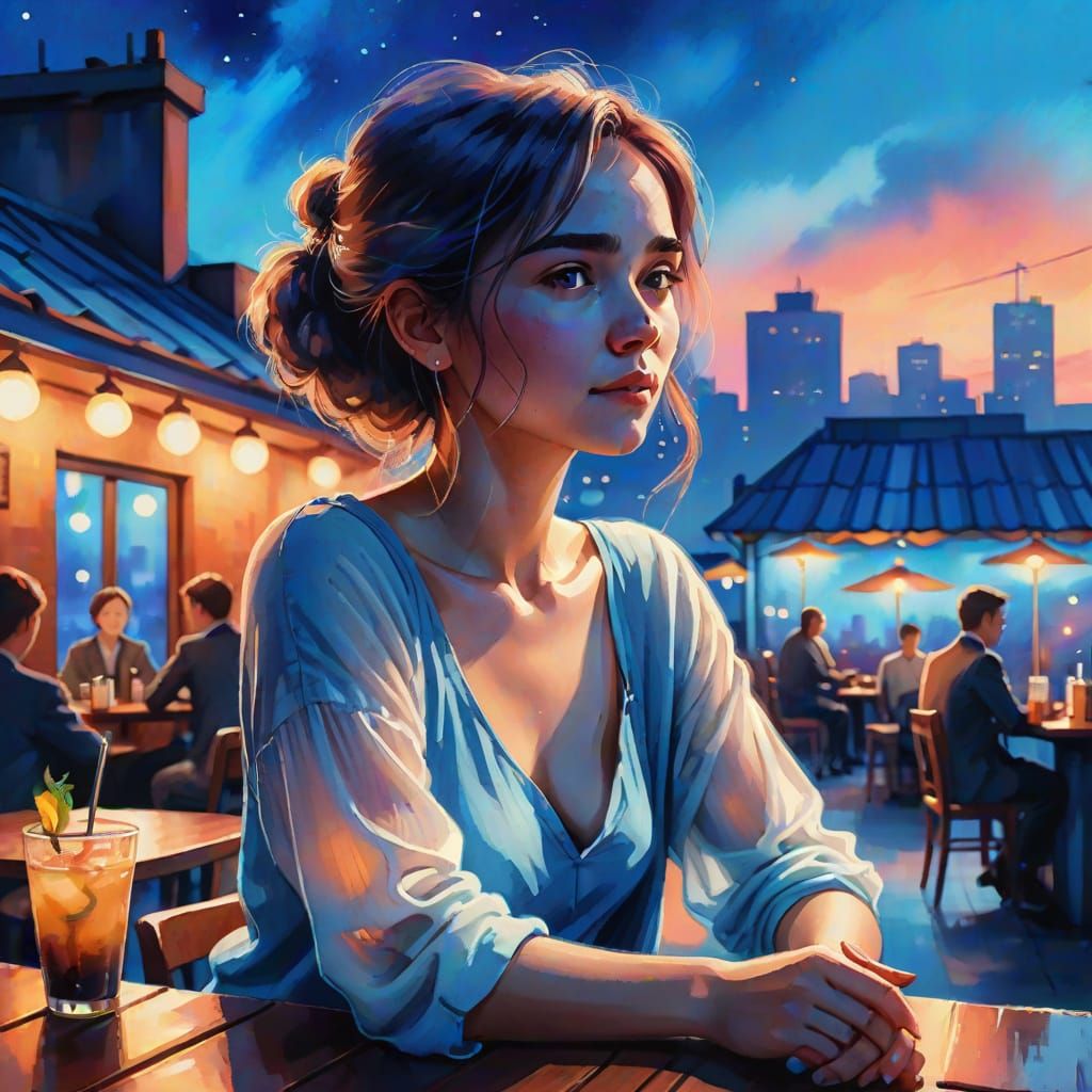 Woman in Neon Blue Rooftop Cafe: Watercolor Digital Art