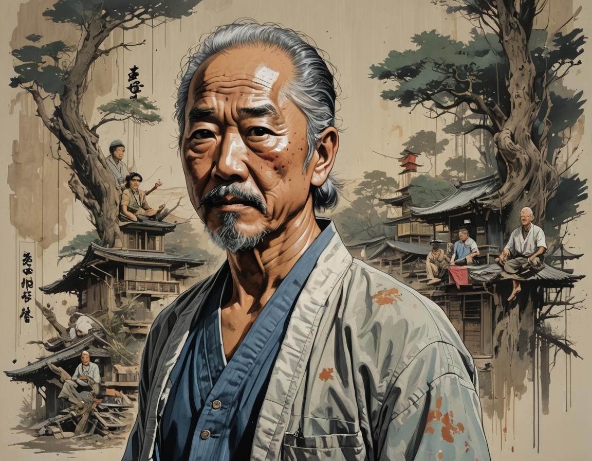 Mr. Miyagi Hyperrealistic Illustration in 16k Resolution