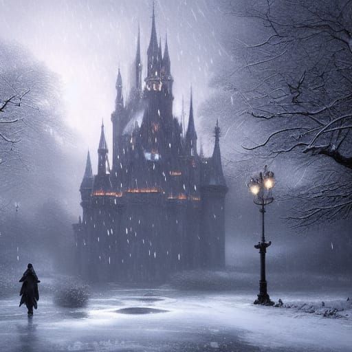 Fantasy Castle Reflection in Dark, Hyperdetailed Art