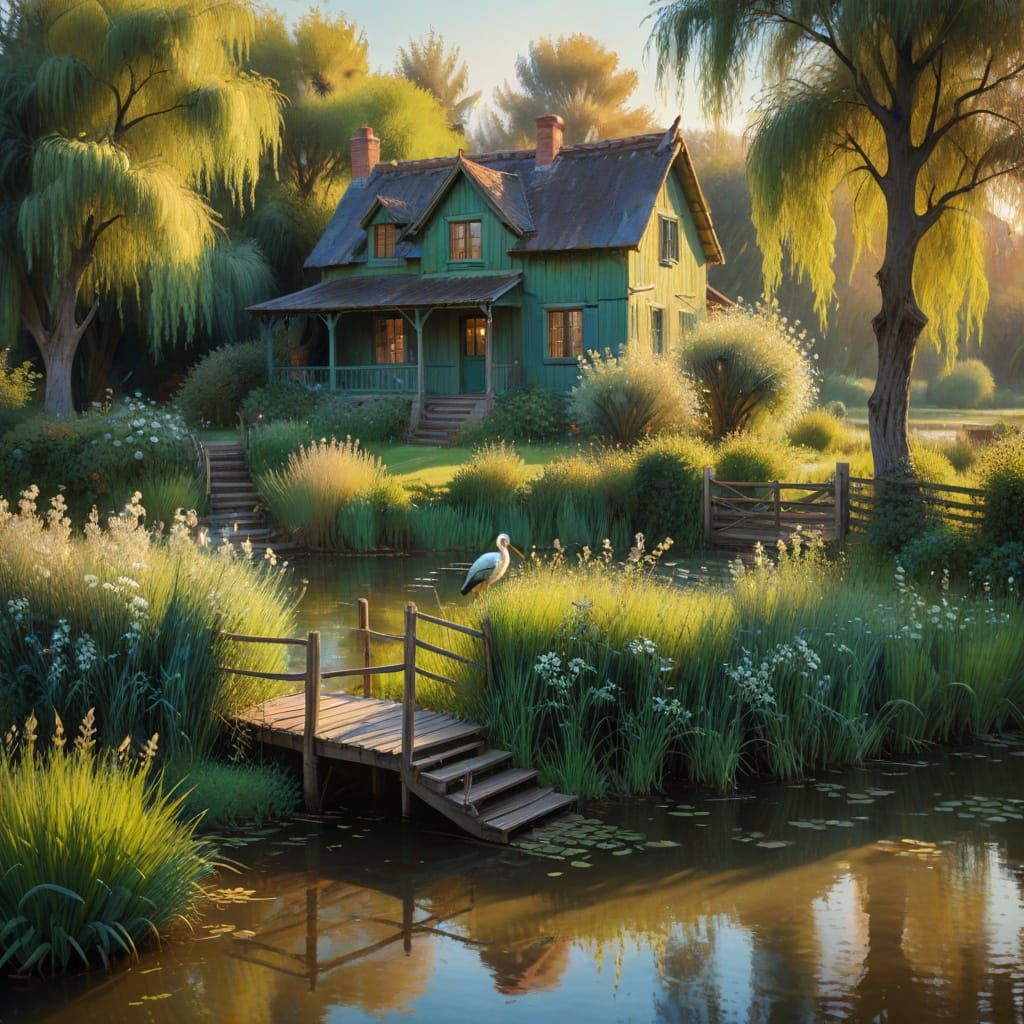 Serene Countryside Scene with Wooden House and Fishing Stork