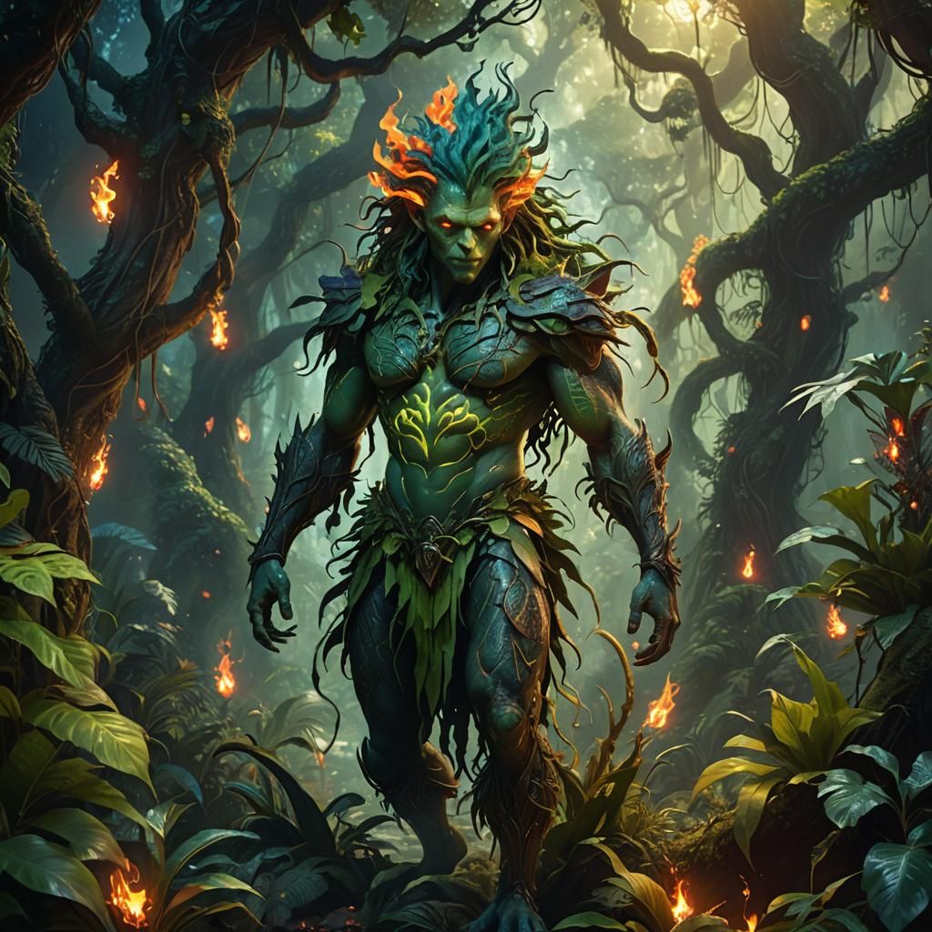 Mythical Being with Flaming Hair in Jungle
