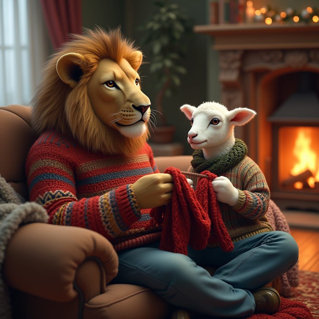 Lion and Lamb Knit Sweaters by Fireplace