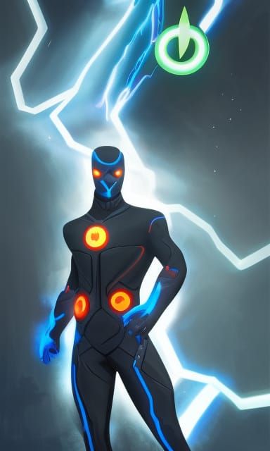 superhero with electrokinesis in a black suit and gloves from which electric rays come out, also from his head 8k resolu...